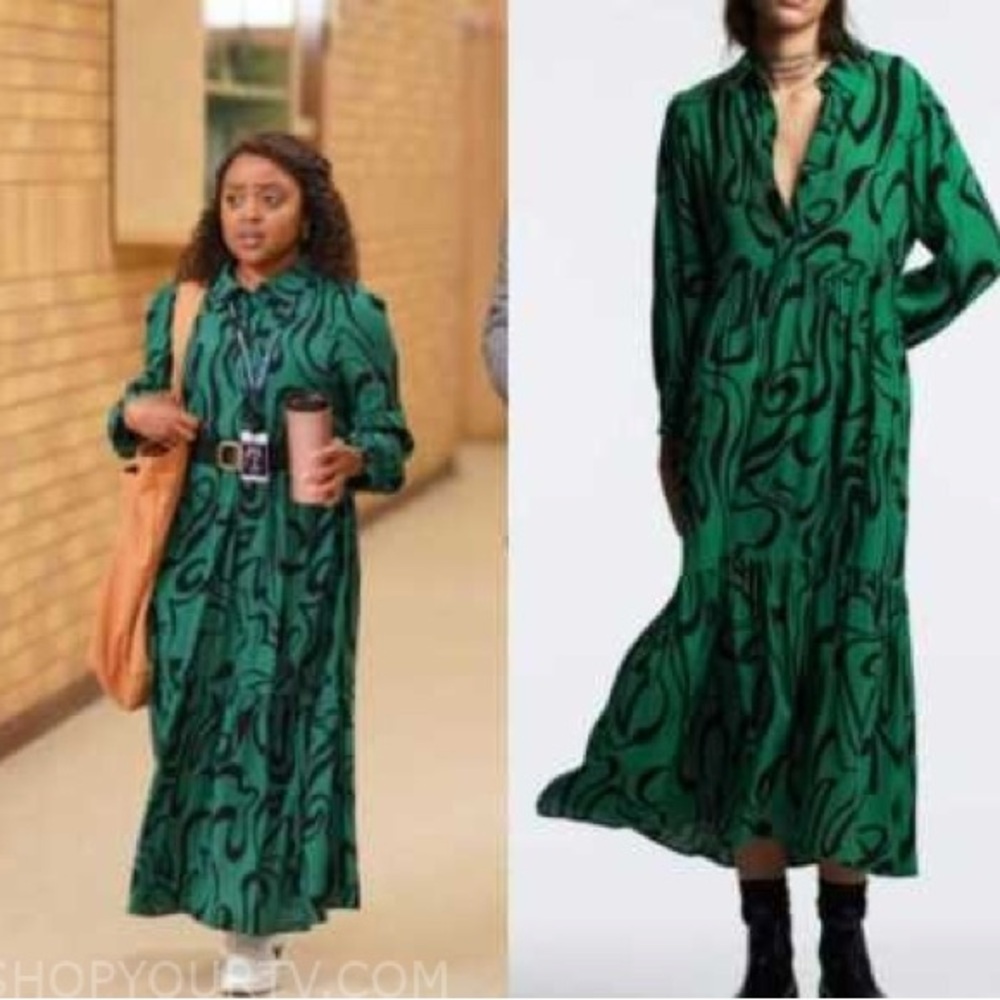 Sunday Up Midi green and black printed dress M